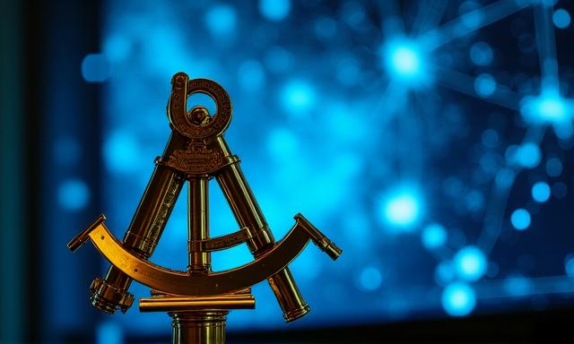 Oude sextant naast een modern sterrenkaartscherm