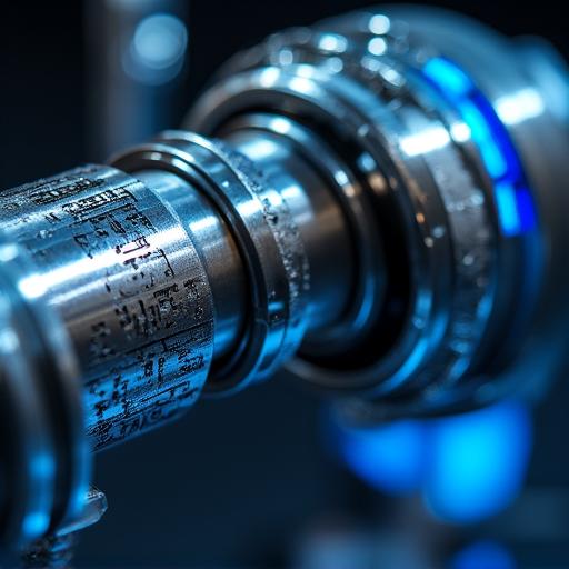 Gedetailleerd mechanisme van een optische ster-tracker met blauwe neon-accenten